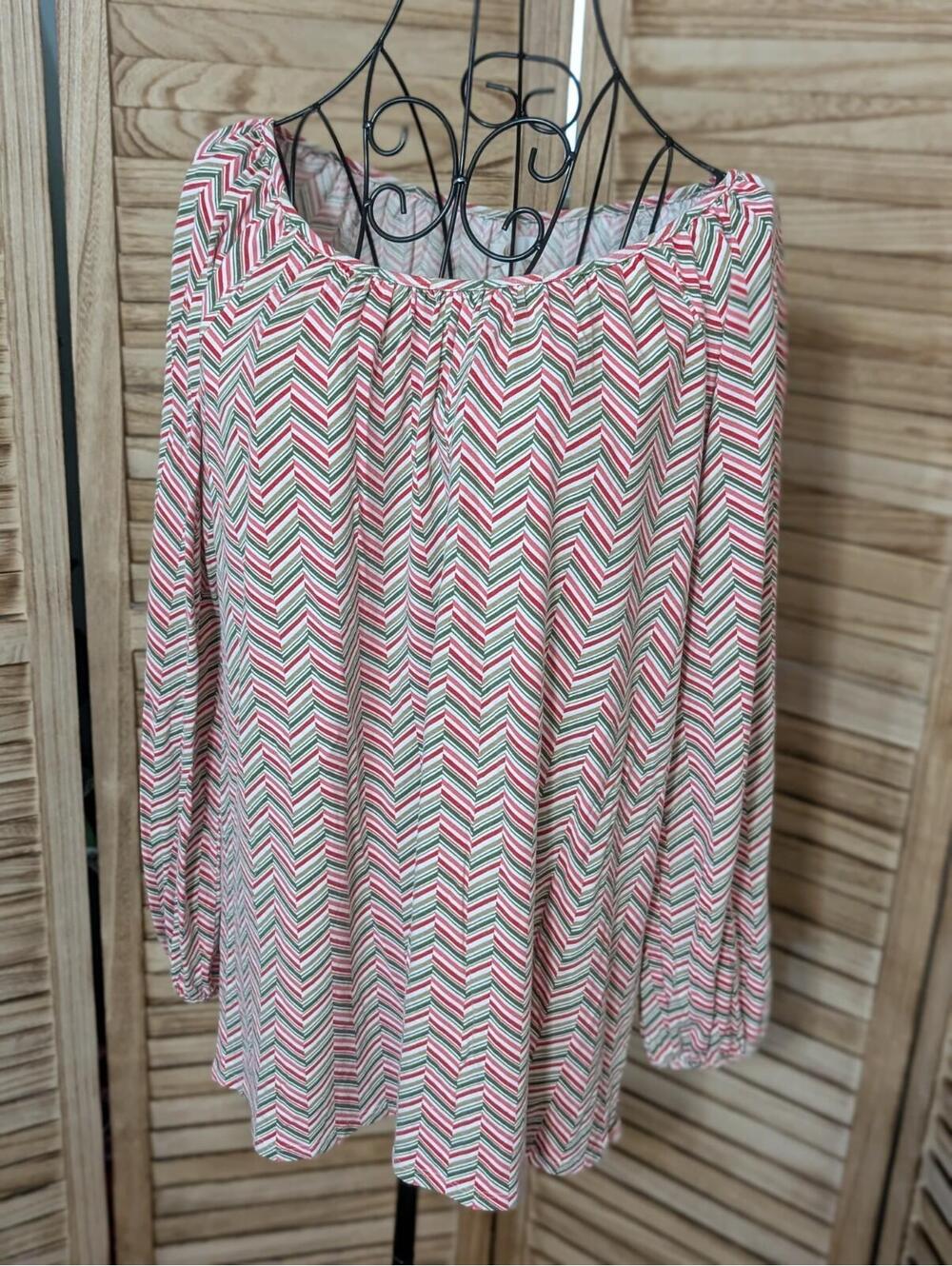 C Women's Shirt Peasant Top Blouse Chevron Pink Green and Off White, Sz Large